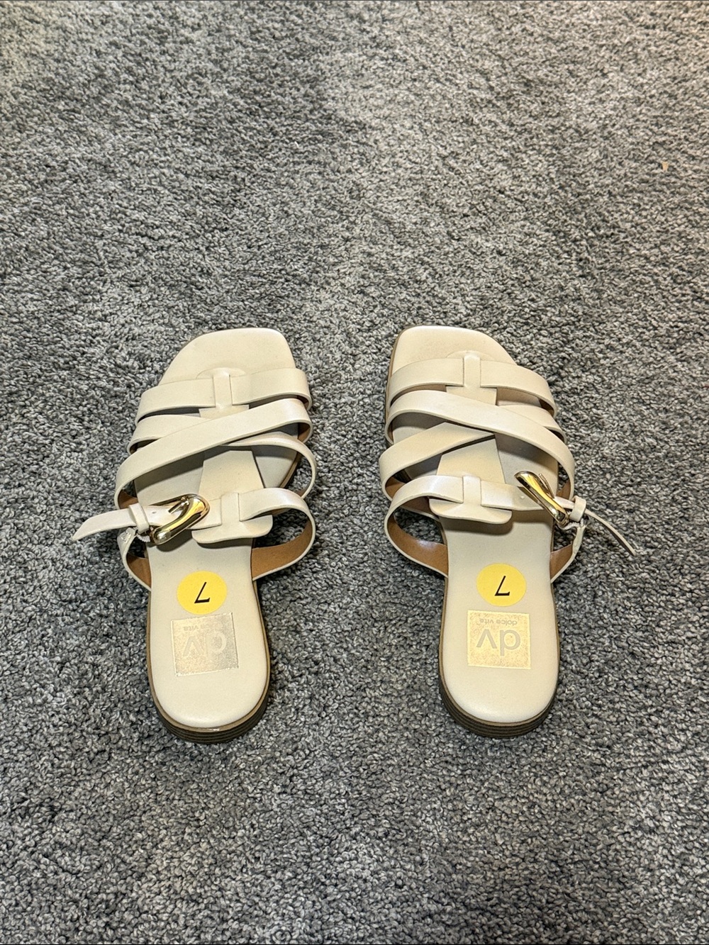 DV by Dolce Vita Neutral Beige Strappy Slide Mules with Gold Buckle